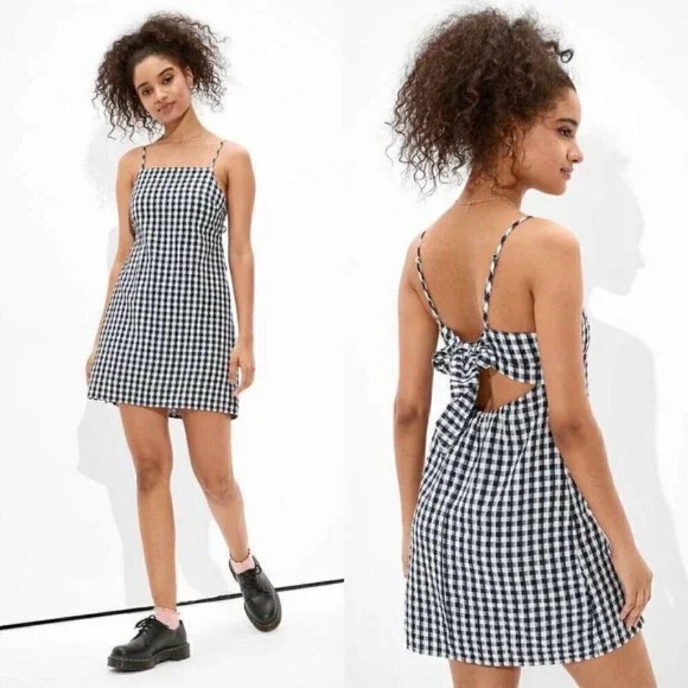 American Eagle Black White Gingham Tie Back Square Neck Mini Dress